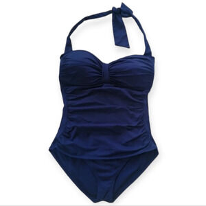 Tommy Bahama Plus Size Pearl Ruched Sweetheart Halter One Piece Swimsuit Blue 16